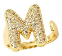LNBLAKBXBD Anelli iniziali da donna, anello da donna in oro con iniziale A-Z, anello iniziale regolabile, anello iniziale Bubble A-Z, anello con lettera aperta con zircone