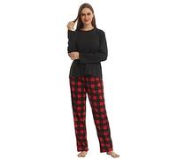 LNFINTDO Pigiama da donna in pile con top a maniche lunghe e pantaloni pigiama a quadri morbidi indumenti da notte per il tempo libero caldo set 2 pezzi, Nero + rosso, S