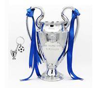 LNGODEHO Trofeo campione europeo di calcio, replica della Coppa del San Bernardo League, in resina, argento con nastri blu, per tifosi sportivi (44 cm)