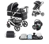 Lnhcrbs Passeggino 3 in 1, Telaio del Passeggino Leggero in Alluminio, Cestello per la Nanna in Tessuto 600D,Passeggino da Viaggio, Copertura Antipioggia, Zanzariera, Adatto per 0-48 Mesi, 22Kg,Nero