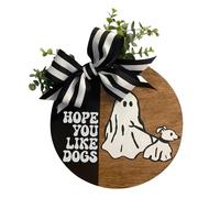 Lnhgh Gancio per porta in legno di Halloween, segno di corona in legno di Halloween, divertente cane fantasma che cammina fuori dal portico, pannello di sospensione per Halloween, decorazioni