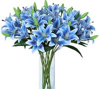LNHOMY Confezione da 6 fiori artificiali di giglio a piena fioritura in lattice finto vero tocco con 3 testine, decorazioni per la casa (blu)