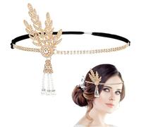Lnngub Fascia per capelli anni '20, con foglie, strass, perle e nappe, accessorio per capelli ruggenti anni '20, da donna (oro)