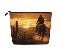 LNNIUK West Desert Cactus con Cowboys che cavalcano cavalli, 2 borse per il trucco con stampa per borsetta con cerniera astuccio per cosmetici grande da viaggio in tela organizer per trucchi, nero,