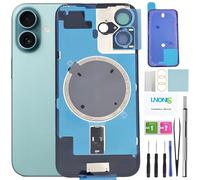 LNONLS 16 Vetro posteriore di ricambio per iPhone 16 Cover posteriore in vetro con cornice impermeabile e obiettivo della fotocamera+Kit di riparazione professionale (verde acqua)