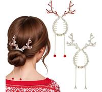 Lnwwrv Clip per Capelli Natalizio a 2 Pezzi con Renna - Design Lucido con Perle e Strass, Clip Speciale per Coda di Cavallo per Il Look di Natale delle Ragazze