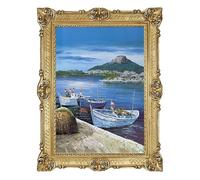 Lnxp Bellissimo dipinto 90 x 70 Mario Maritimes con barche da pesca, cornice barocca dorata, paesaggio costiero con montagna, effetto 3D