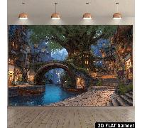 Lo sfondo in tessuto della città della casa sull'albero fantasy presenta edifici ad albero antichi, ponti ad arco in pietra, banchine dei canali e strade e vicoli caldi e illuminati. Ha un design piat