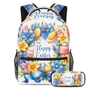 Lo stile incontra la funzione, zaino con astuccio, il set ideale di 2 zaini per bambini per ragazzi ragazze adolescenti, ghirlanda di Pasqua blu felice, Multicolore, B：29.4x20x40cm P：19x7.5x3.8cm,