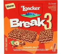 Loacker, Break3, Barrette con Crema alle Nocciole 100% Italiane e Ripieno di Friabili Cialde Crispies, Snack Croccante e Gustoso, Merenda e Snack, Confezione da 4 Barrette da 19g (76g)