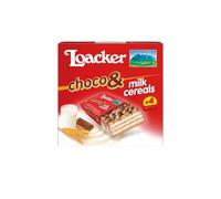 Loacker, Choco & Milk Cereals, Barrette al Cioccolato al Latte con Ripieno di Crema al Latte, Crispies ai Cereali e Cialde Wafer Croccanti, Merenda e Snack, Confezione da 4 Pezzi