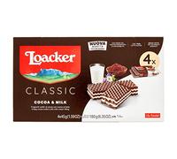 Loacker, Classic Cocoa & Milk Multipack, Wafer Classico con 3 Strati di Cialde al Cacao Farcite con Crema al Latte Alpino, Merenda e Snack, Formato Convenienza, 1 Confezione da 4 Wafer da 45g