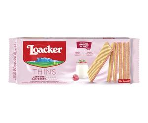 Loacker, Thins, Wafer Finissimi e Croccanti Farciti con una Deliziosa Crema al Lampone e Yogurt, Senza Aromi e Coloranti Aggiunti, Ideali a Colazione, Merenda e Snack, 1 Confezione da 150g