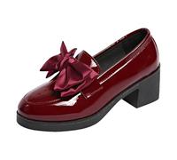 Loafer lucido da donna con tacchi spessi punta rotonda, slip alla moda su tacchi alti, scarpe casual, Colore: rosso, 36 EU