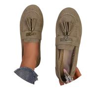 Loafer - Mocassini da donna piatti, in pelle scamosciata, stile retrò, per attività all'aperto, casual, con traduzione in tedesco, comode e comode, cachi, 38.5 EU