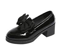 Loafer - Scarpe basse da donna, con tacchi spessi, con punta rotonda, alla moda, con fiocco, per il tempo libero, eleganti e comode, Nero , 40 EU