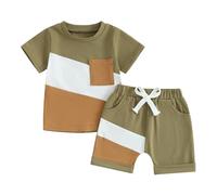 Loalirando 2Pezzi Completo Bambino Neonato Maschio Tuta Estivo Colore a Contrasto Bambino Tshirt Top Manica Corta+Pantaloncini Elastici Casual Vacanza (Cachi Verde, 6-12 Months)