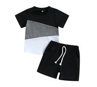 Loalirando 2Pezzi Completo Bambino Neonato Maschio Tuta Estivo Colore a Contrasto Bambino Tshirt Top Manica Cort Pantaloncini Elastici Casual Vacanza (Nero Bianco, 18-24 Months)