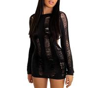 Loalirando Abito Corto a Manica Lunga Donna Vestito Aderente Sexy Senza Schienale Mini Abito Elegante Vestito Trasparente Tinta Unita Casual Club Festa Cocktail (Nero, L)