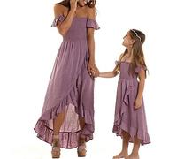 Loalirando Abito Mamma e Figlia Uguale Elegante Cerimonia Vestito in Pizzo Tinta Unita Maniche Lunghe per Madre e Figlia Festa Compleanno S-XL 0-5 Anni (C-ViolaFiglia, 4-5 Anni)