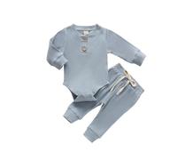 Loalirando Completini da Neonati 0-24 Mesi 2 Pezzi Pagliaccetto a Coste + Pantaloni per Autunno Inverno Tutina Bimbo Unisex (Blu, 6-12 Months)
