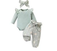 Loalirando Completo da Neonata Carino 3 Pezzi Pagliaccetto a Manica Lunga + Pantaloni Floreali + Fascia Set Vestiti per Neonati Primavera e Autunno Regalo (A-Verde, 3-6 Months)