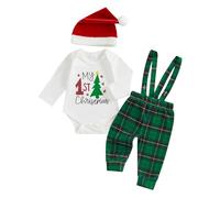 Loalirando Completo Natalizio per Neonato, Pagliaccetto a Maniche Lunghe My First Christmas + Pantaloni + Cappello di Natale Regalo Bimbo (Bianco A, 9-12 Months)