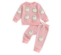 Loalirando Halloween Vestito Bambina 2Pz Completo Bambina Stampa Zucca/Fantasma Felpa Senza Cappuccio Maniche Lunghe+ Pantaloni Tuta di Halloween Bimba (Rosa, 18-24 Months)