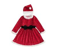 Loalirando Natale Abito Invernale Bambina Abiti Natalizi Maniche Lunghe Vestiti Bambina con Pailettes Cintura con Fiocco Cappellino da Babbo Natale (Rosso, 12-18 Months)