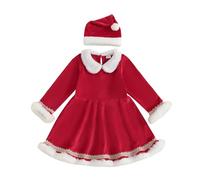Loalirando Natale Abito Invernale in Velluto Bambina Abiti Natalizi Maniche Lunghe Vestiti Bambina con Collo di Pelliccia Cintura con Fiocco Cappellino da Babbo Natale (Rosso, 3-4 Years)