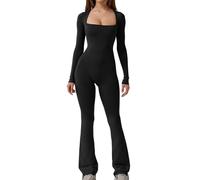 Loalirando Tuta Senza Spalline Body Maniche Lunghe Aderente Bodysuit Donna Elastica Tutina Elegante Jumpsuit Collo Quadrato Bodycon Sexy Playsuit Yoga Casual,Nero,XL