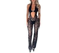 Loalirando Tutina Donna Aderente Tuta Intero Donna Sexy con Ritaglio in Pizzo Trasparente Bodycon Senza Manica Jumpsuit Senza Schienale Slim Fit Elegante (Nero Pizzo, M)