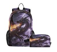 Loancwa 2PcsCool ed elegante zaino con motivo drago per bambini, ragazzi e ragazze, zaini prescolari con scatola per il pranzo i interesse post-scuola