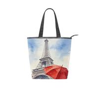Loancwa Borsa a tracolla in tela con cerniera, Torre Eiffel e ombrello rosso, borsa a tracolla con due tasche interne applicate, borsa per la spesa quotidiana casual in poliestere resistente.