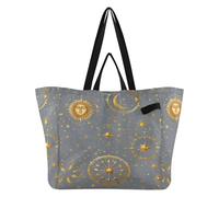 Loancwa Celestial Sun Moon Stars - Borsa per la spesa riutilizzabile, impermeabile, grande borsa per la spesa con tasca con cerniera, grigio e oro, 37 x 37 x 24 cm