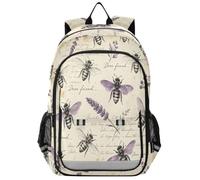 Loancwa Zaino unisex per bambini, con motivo retrò con api e lavanda, zaino per la scuola elementare, con scomparto per laptop e tasche organizer