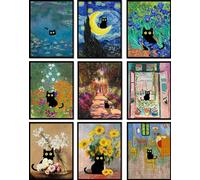 LOARTVE 9 stampe artistiche da parete divertenti con gatti neri in dipinti famosi, stampe vintage, decorazione da parete, immagini eclettiche, carine, preppy, decorazione estetica, senza cornice