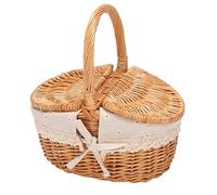 Lobamop Cesto di Vimini Fatto a Mano con, Cestino da Picnic da con Doppio Coperchio, Cestino per la Spesa con Rivestimento in Tessuto