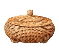 Lobamop Cesto portaoggetti in Rattan Intrecciato a Mano, Tessuto con Coperchio di Colore Rotondo Gioielli Cinesi Snack tè Servizio Scatola di immagazzinaggio