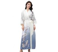 LOCIIXAT Kimono lungo da donna, in raso, ampio, con stampa floreale, in seta, accappatoio per addio al nubilato, Beige/Blu, taglia unica