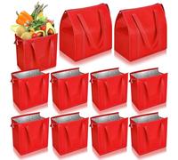 Locmeo 10 sacchetti per la spesa isolati grandi, 33 x 30,5 x 17,8 cm, riutilizzabili, con cerniera sulla parte superiore per alimenti caldi e freddi, frigoriferi e pizze (rosso)