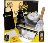 LOCOLIMA Smash Burger - Kit professionale da 6 pezzi, in acciaio inox con certificazione UE, stampo per hamburger, grembiule premium, spatola, campana, carta Smash Burger