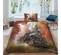 Locomotiva a vapore della fine del XIX secolo Biancheria Da Letto 3D Con Foresta autunnalea, Con Chiusura Lampo E Federe, in Microfibra Copripiumino,3 Pezzi, Per Adulti E Bambini Single(135x200cm)