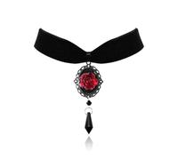 Locrc ollana girocollo gotica con rosa rossa, da donna, con cammeo in velluto, collana girocollo vintage nera, gioiello gotico, accessorio per costume da strega, Grande, Metallo, Non pietra