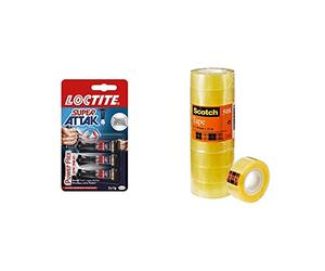 Loctite Super Attak Power Flex MINI TRIO GEL, adesivo trasparente e istantaneo specifico & Scotch Nastro Adesivo 3M, Trasparente Acrilico, 15 mm x 33 m, Confezione Torretta da 10 Pezzi
