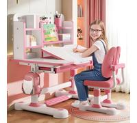 locwanot Scrivania per bambini regolabile in altezza, tavolo da scrittura inclinabile, tavolo da studio ergonomico, set di sedie per computer con gabbia, armadietto per bambini dai 3 ai 12 anni, rosa