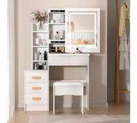 locwanot Set di scrivania e sedia con specchio scorrevole e luci, con 4 cassetti e 7 ripiani aperti per riporre oggetti, moderno tavolo da trucco in vetro bianco, per donne e ragazze (EU Style)