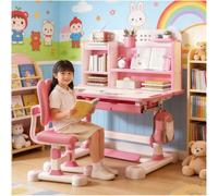 locwanot Set scrivania e sedia per bambini - Altezza regolabile - Tavolo da studio ergonomico con cassetto estraibile - Supporto per libri - Gancio cavo, pedale, divisorio ((Piano inclinabile, rosa))