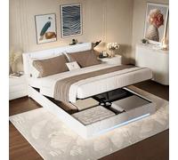 Lodera Letto baule 140×190 con testa regolabile, letto matrimoniale 140×190 con stoccaggio idraulico semplice, letti illuminazione LED atmosfera, tessuto di lino durevole, struttura rinforzata