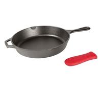 LODGE Padella in ghisa, pre-stagionata con supporto in silicone a caldo, diametro 10,25 pollici, silicone nero/rosso (L8SK3ASHH41B)